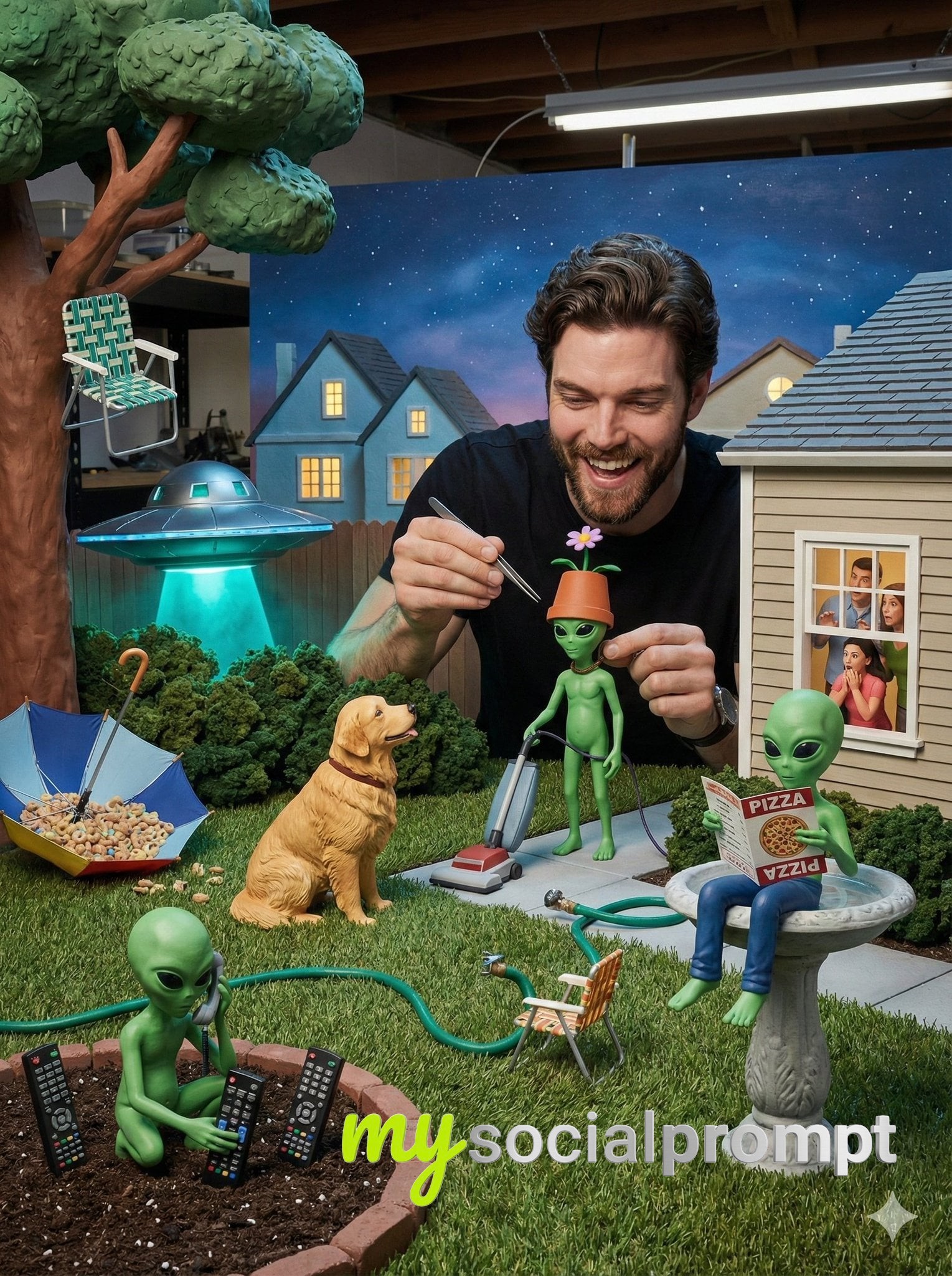nanobanana prompt: Alien Misuse of Suburban Objects - Surreal Diorama Photography