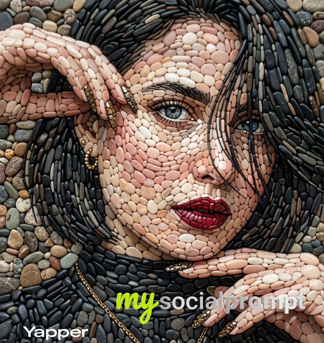 nanobanana prompt: Pebble Mosaic Portrait: Textured Stone Woman in Red Dress - AI Prompt Artwork