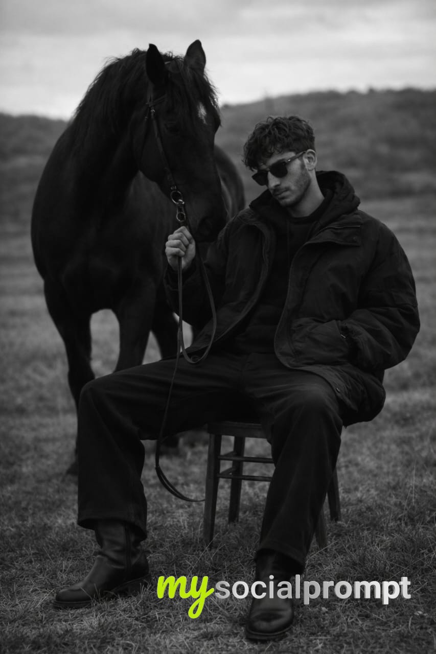 nanobanana prompt: Fine-Art Monochrome Portrait of Man with Horse in Overcast Field - AI Prompt Artwork