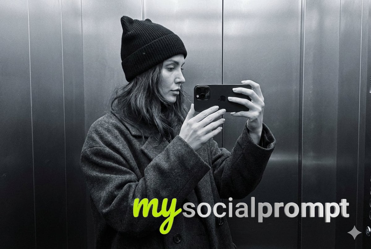 nanobanana prompt: Monochrome Elevator Selfie Portrait with Phone - AI Prompt Artwork