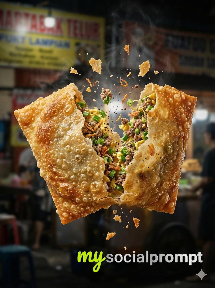 nanobanana prompt: Macro Tear of Crispy Martabak Telur: Golden Wrapper Shattering with Beef and Egg Burst - AI Prompt Image 4