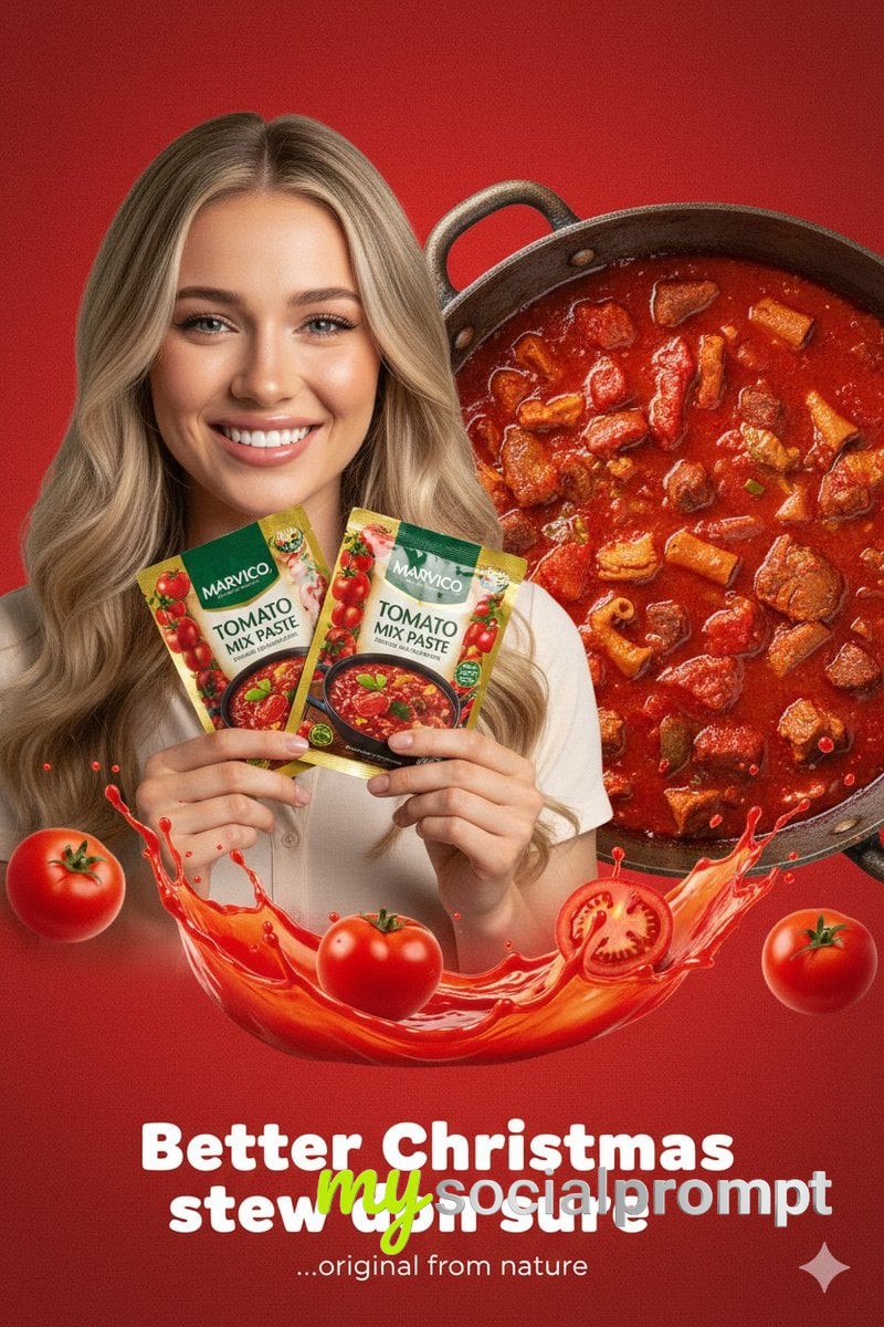 nanobanana prompt: Marvico Tomato Mix Paste – Vibrant Nigerian Stew Ad with Studio Lighting - AI Prompt Artwork