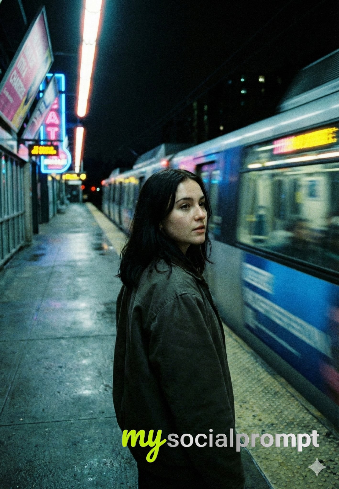 nanobanana prompt: Neo-Noir Metro Portrait – Cinematic Night Street Photography - AI Prompt Artwork