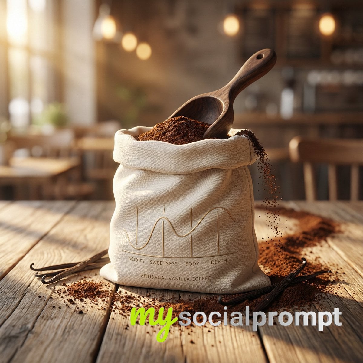 nanobanana prompt: Artisanal Vanilla Coffee Pouch with Sensory Chart in Cinematic Morning Light - AI Prompt Artwork