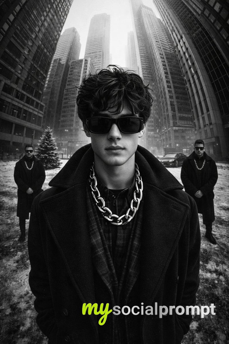 nanobanana prompt: High-Contrast Monochrome Street Fashion Editorial with Ultra-Wide Perspective - AI Prompt Image 2
