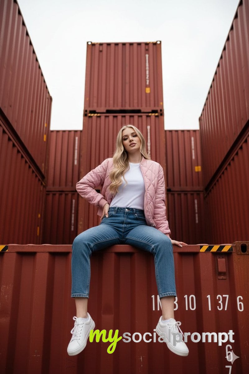 nanobanana prompt: High-End Streetwear Portrait on Red Industrial Container - AI Prompt Artwork