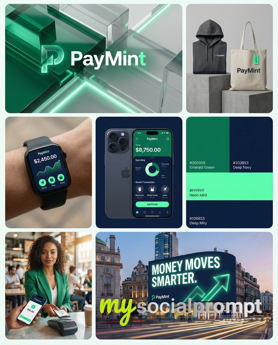 nanobanana prompt: Fintech Brand Campaign Board – Modern Startup Identity Grid - AI Prompt Artwork