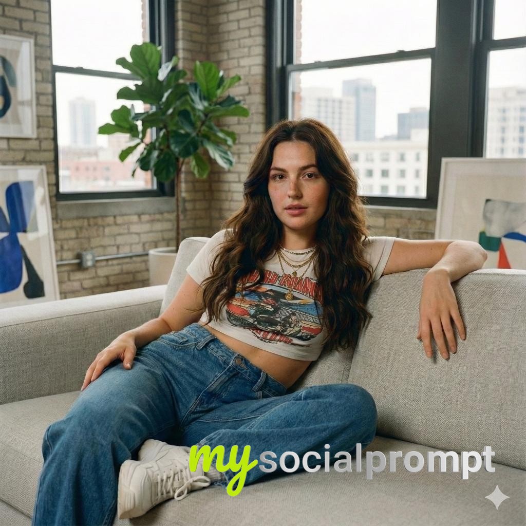 nanobanana prompt: Lifestyle Editorial Portrait – Youthful Confidence in Urban Loft - AI Prompt Artwork