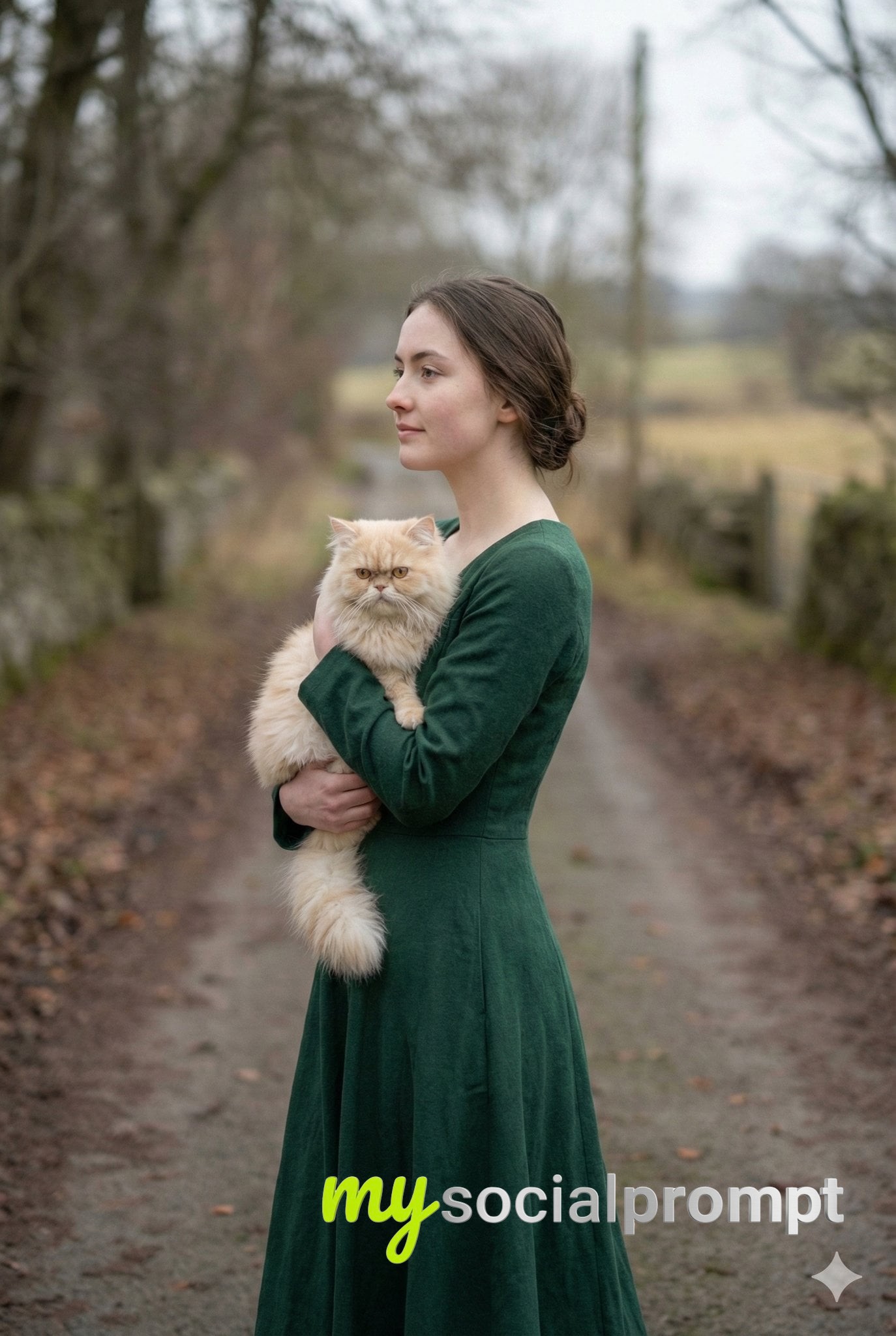 nanobanana prompt: Cinematic Portrait of Elegant Woman with Cat in Winter