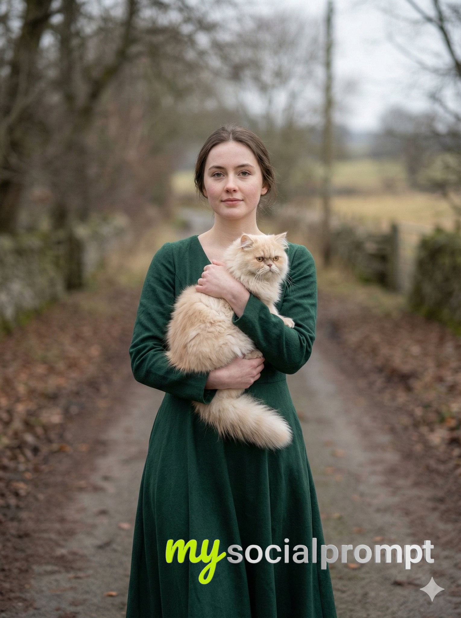 nanobanana prompt: Cinematic Portrait of Elegant Woman with Cat in Winter - AI Prompt Image 2