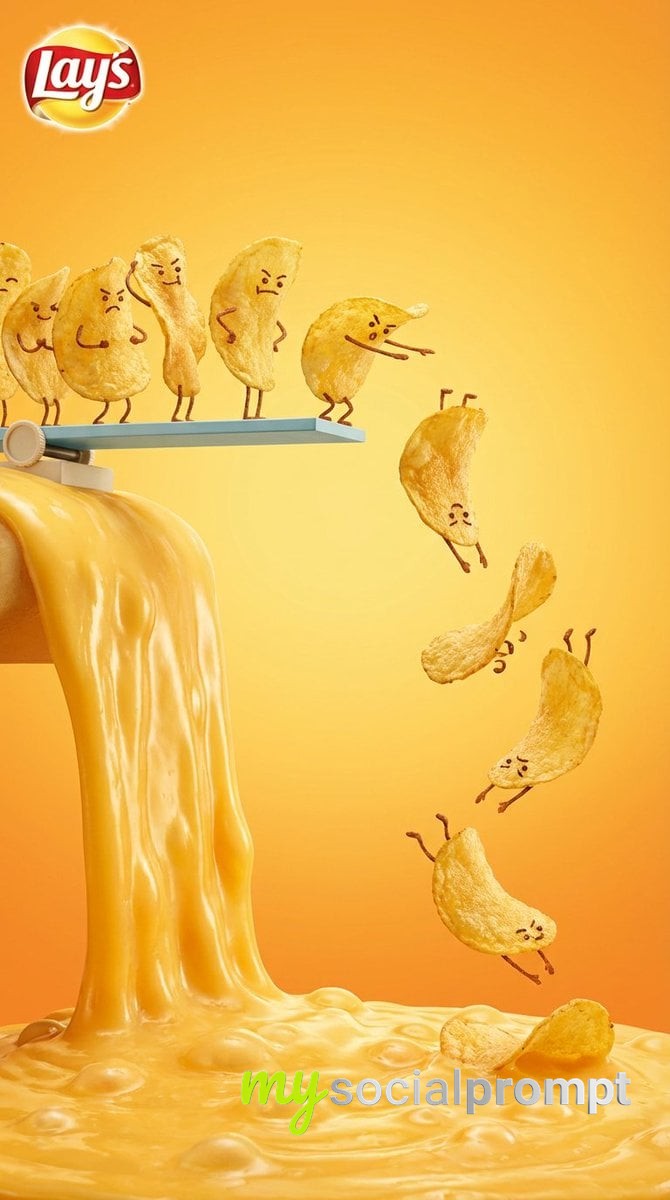 nanobanana prompt: Vertical Snack Ad with Anthropomorphic Chip Divers in Molten Cheese - AI Prompt Artwork