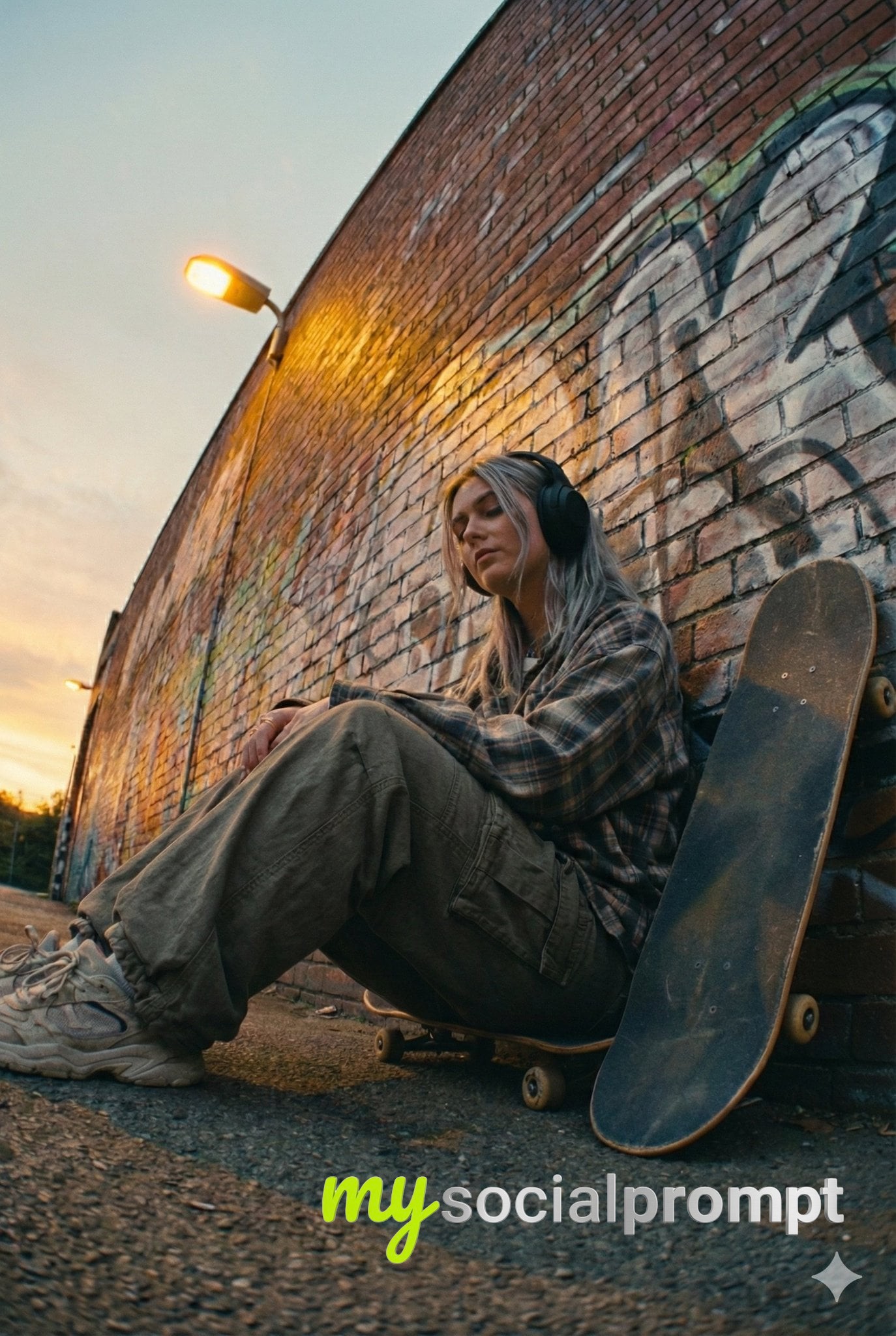 nanobanana prompt: Cinematic street portrait of a woman on a skateboard at dusk - AI Prompt Artwork