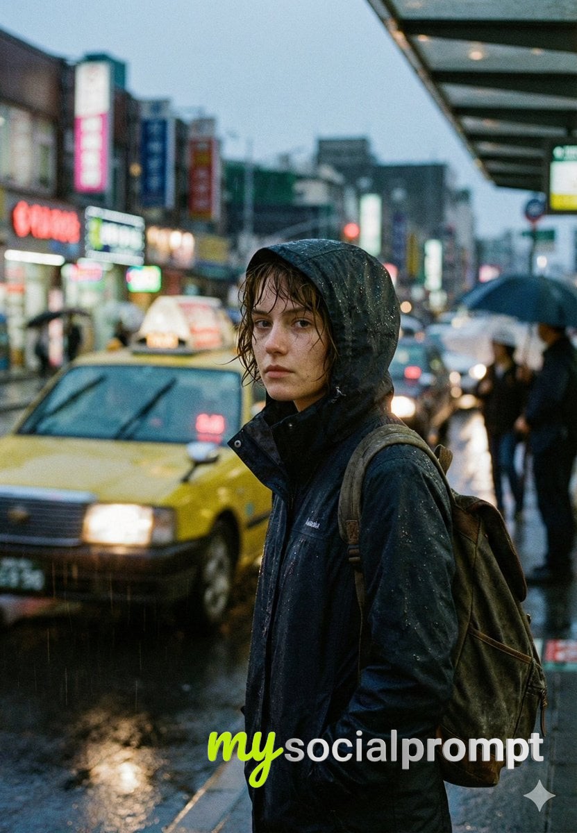 nanobanana prompt: Cinematic Urban Realism – Rainy Street Portrait at Blue Hour - AI Prompt Artwork
