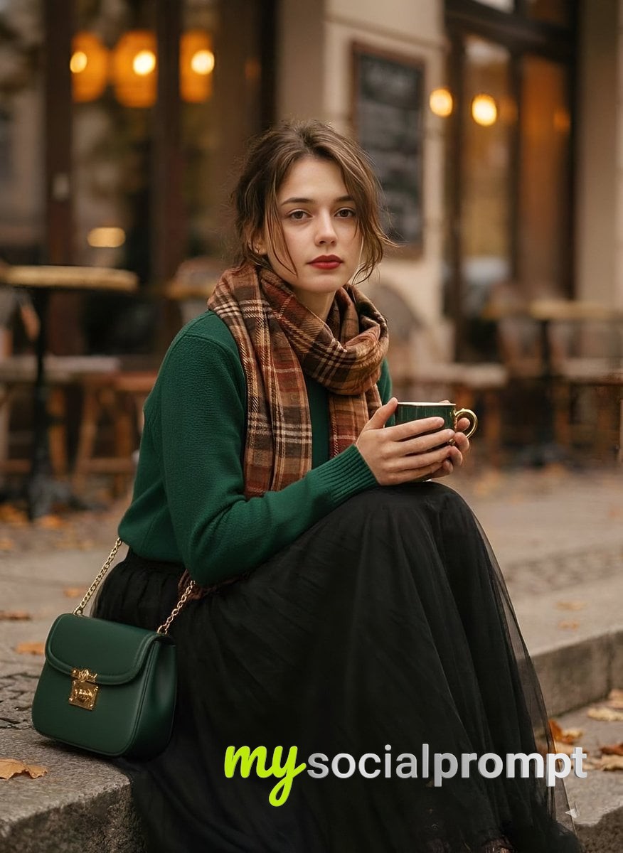 nanobanana prompt: 1970s Fashion Editorial Portrait with Vintage Autumn Café Aesthetic