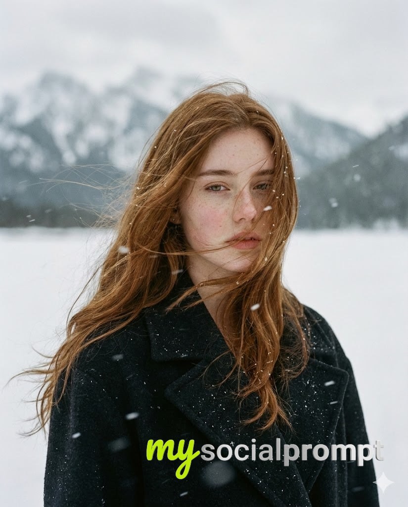 nanobanana prompt: Cinematic Winter Portrait – Poetic Solitude in Snowy Landscape - AI Prompt Artwork