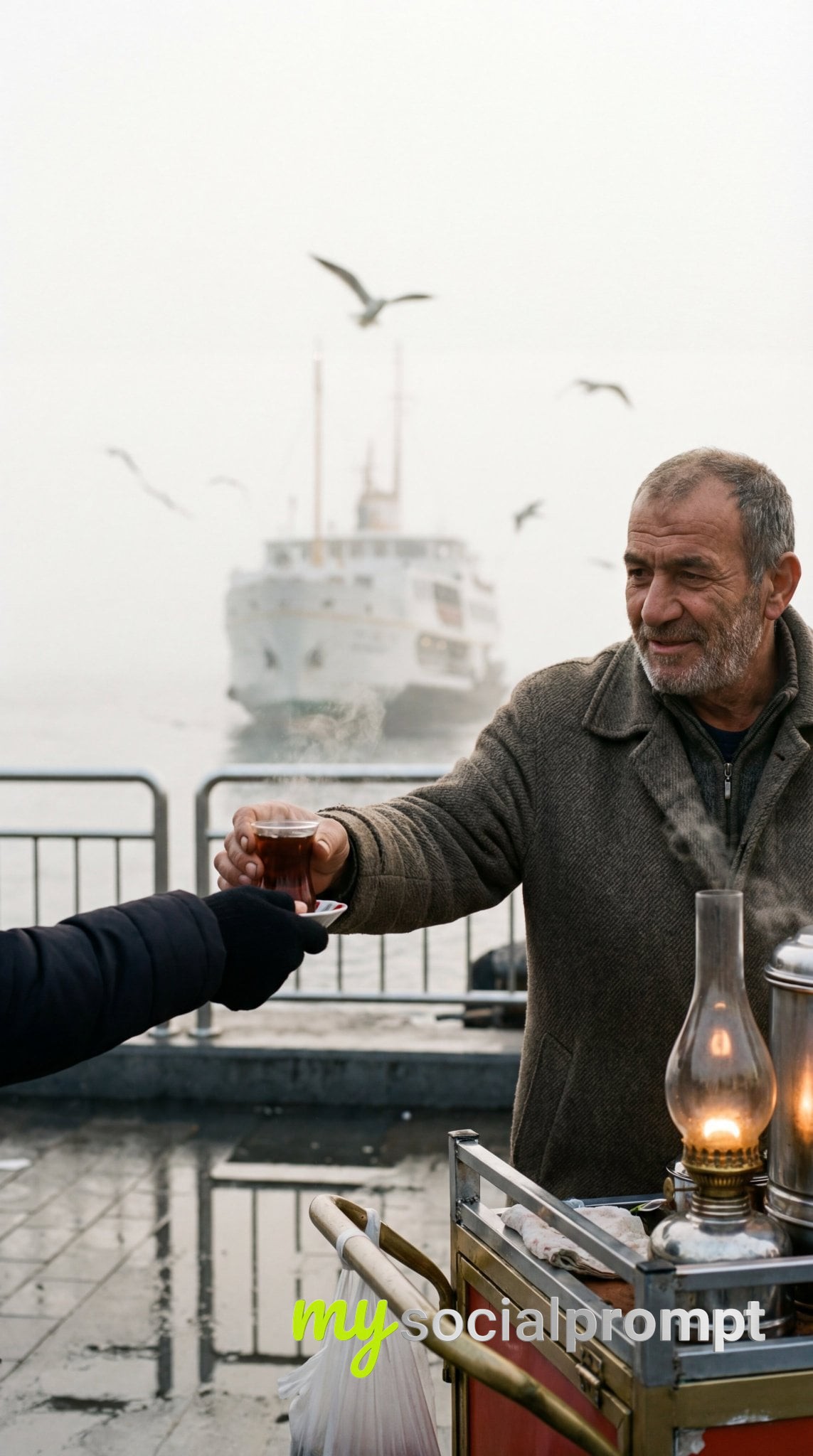 nanobanana prompt: Candid street realism of Istanbul tea vendor in foggy dawn