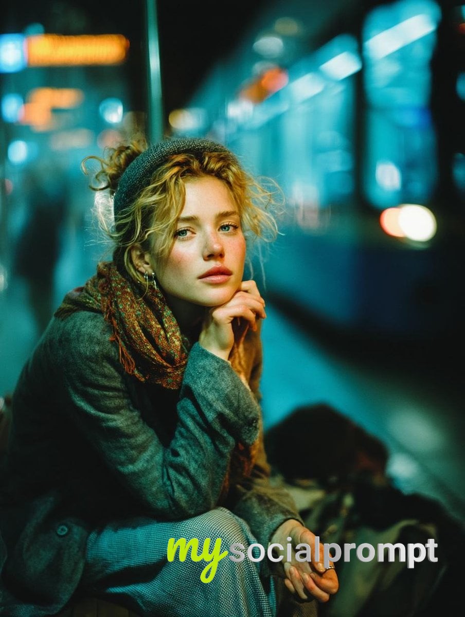 nanobanana prompt: Moody Cinematic Portrait of Introspective Woman on Night Subway - AI Prompt Artwork