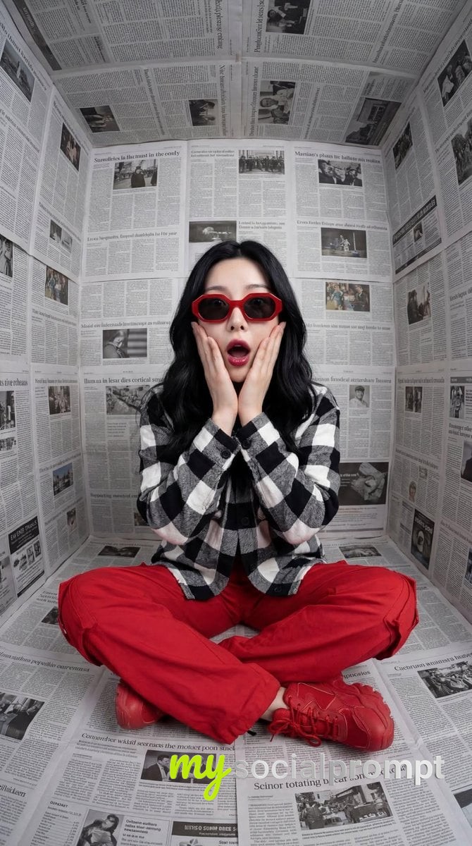 nanobanana prompt: Surreal Editorial Fashion Portrait with Bold Red Contrast - AI Prompt Artwork