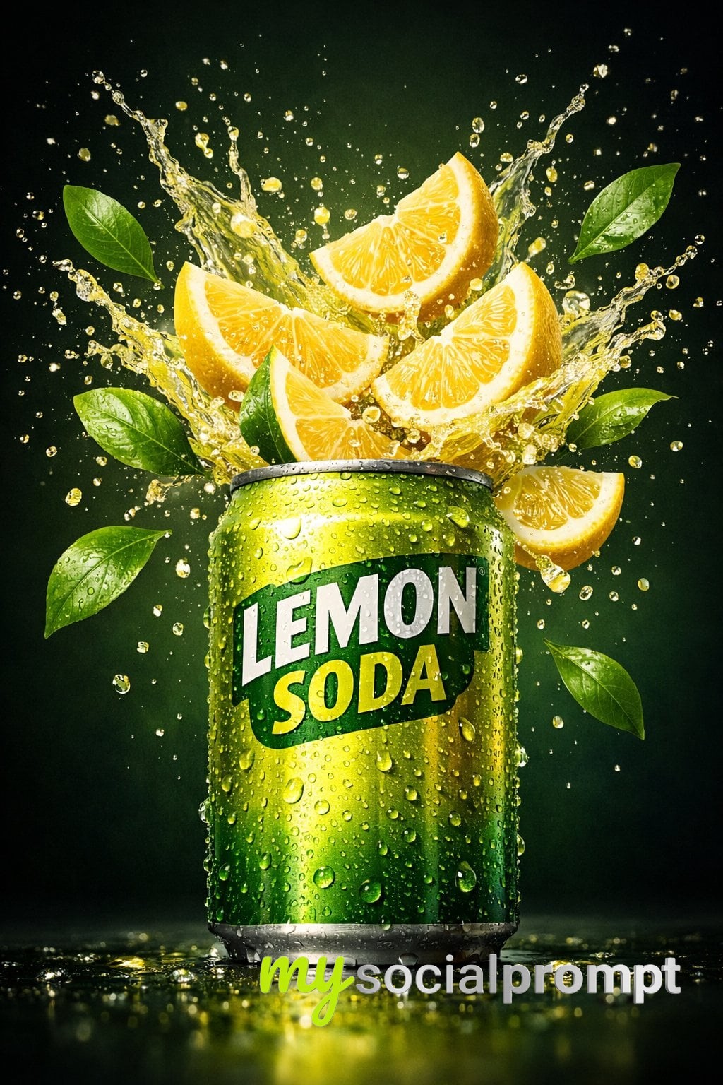 nanobanana prompt: Hyperreal Lemon Soda Can Splash – Cinematic Beverage Ad - AI Prompt Artwork