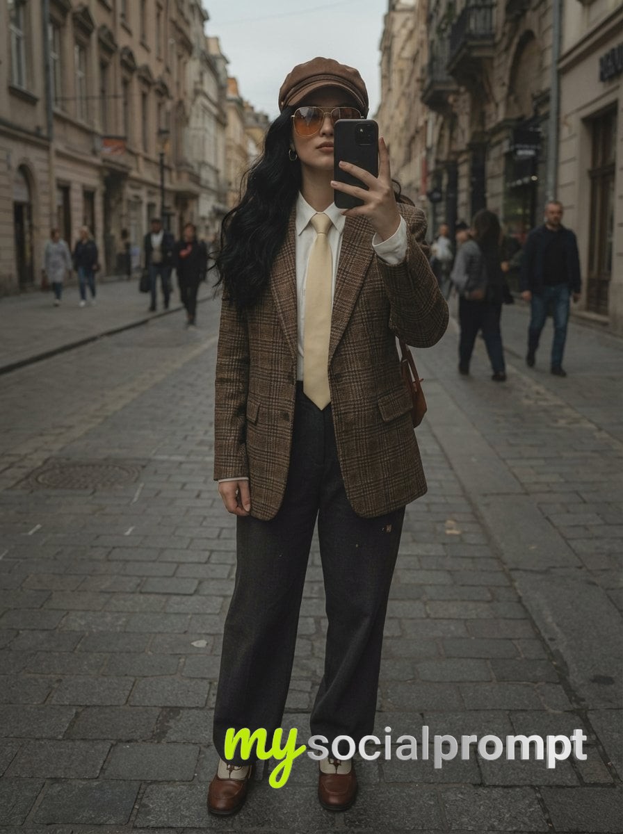 nanobanana prompt: Cinematic Street Style Mirror Selfie in Vintage Menswear - AI Prompt Artwork