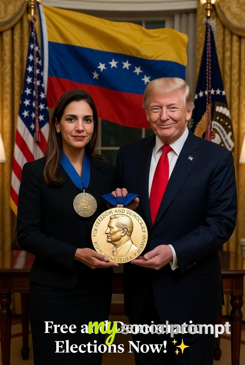 nanobanana prompt: Symbolic Statesmanship: María Corina Machado Presents Nobel Medal to Trump