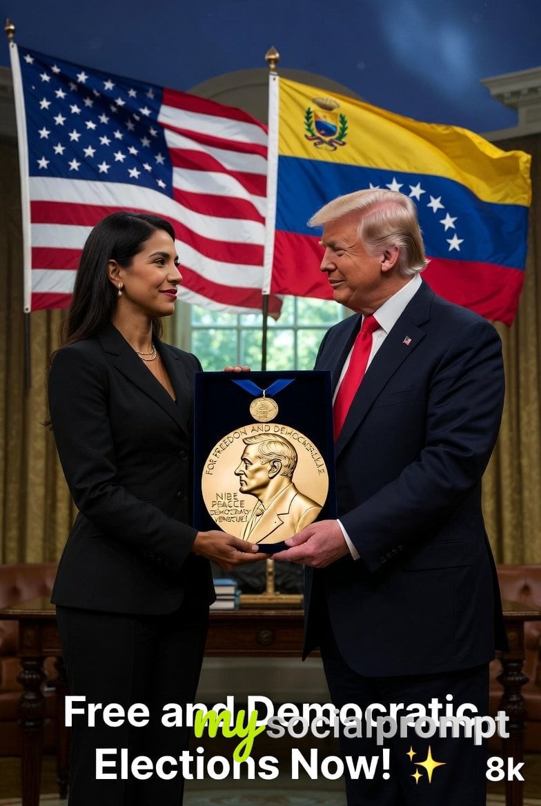nanobanana prompt: Symbolic Statesmanship: María Corina Machado Presents Nobel Medal to Trump - AI Prompt Image 2