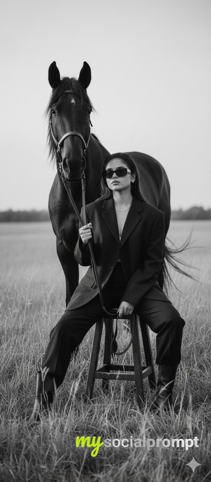 nanobanana prompt: Cinematic Monochrome: Woman and Horse in Minimalist Editorial Fashion - AI Prompt Artwork