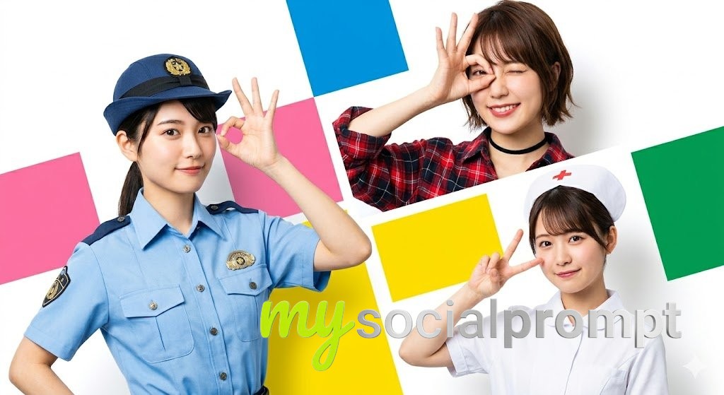 nanobanana prompt: Playful Japanese Commercial Portrait, Vibrant Geometric Backdrop - AI Prompt Artwork