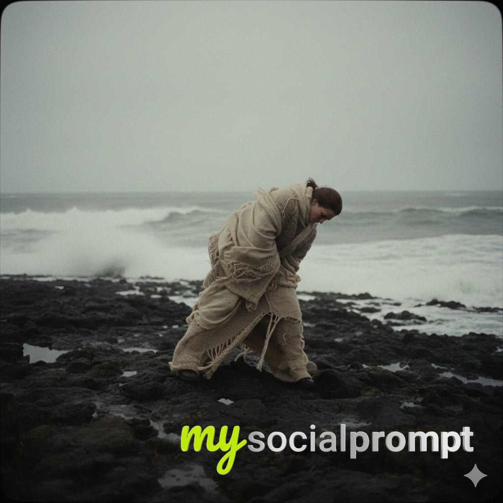 nanobanana prompt: Solitary Figure Against Stormy Coast — Moodiness in Cinematic Realism - AI Prompt Artwork