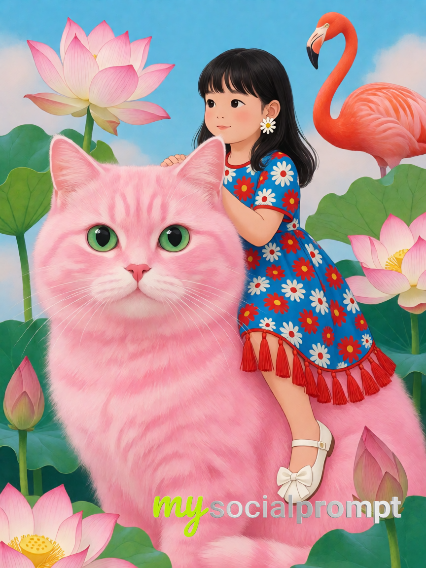 Whimsical Fantasy Digital Art: Giant Pink Cat and Girl Among Lotus Blooms AI image prompt