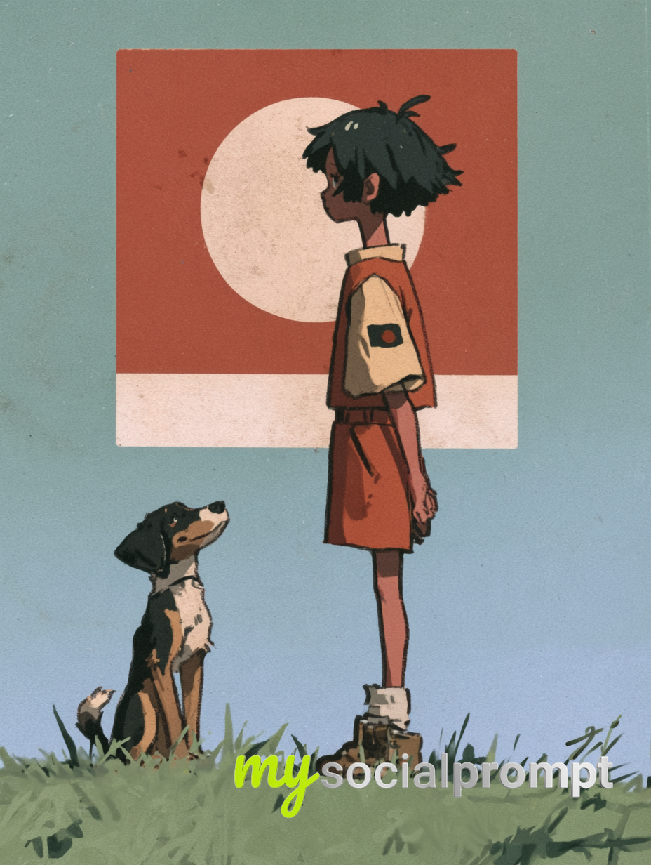 Cinematic Minimalist Oil Painting of a Boy and Dog Beneath a Glowing Moon AI image prompt