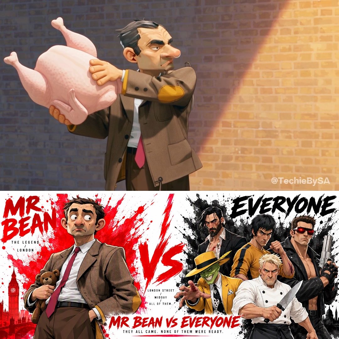 Cinematic Character Bible: Mr Bean Surrounded by Five Watercolor Opponents AI video prompt